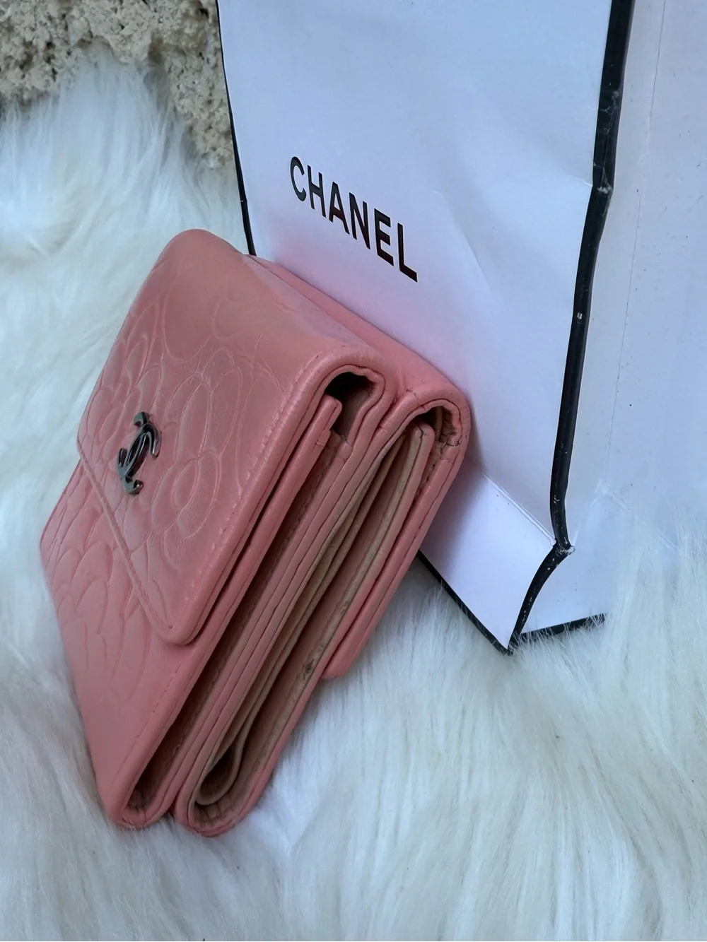 CHANEL Pink Camellia Embossed Mini bi fold Wallet with Silver CC